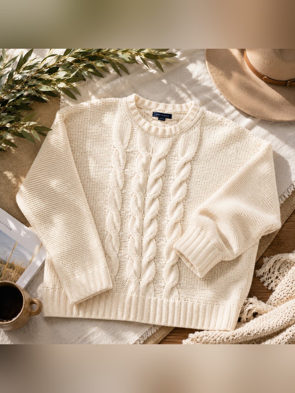 American Eagle Cream Chenille Cable Knit Sweater | XL/TG | Cozy Oversized Fall